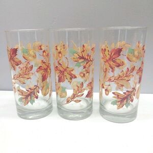Vintage Autumn Leaves Tumblers Set of 3 Retro Fall Harvest Drinking Glasses